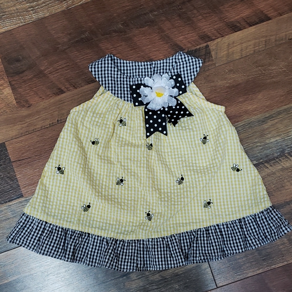 Rare Editions Yellow And Black Gingham Embroidered Bee Print Dress, Size 12M